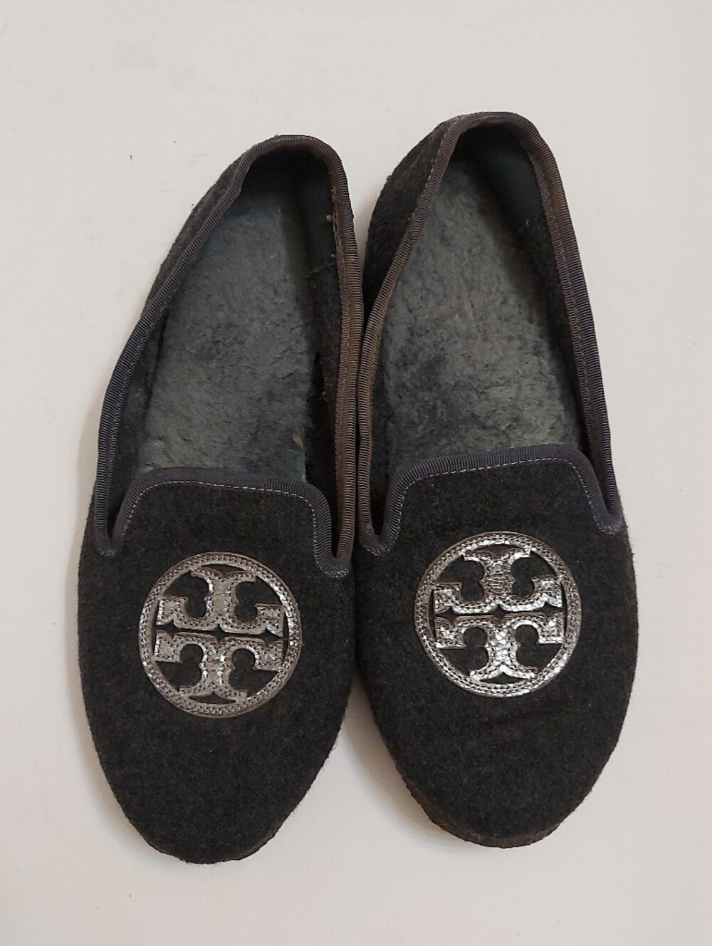 Tory Burch Black Felt Slip-On Loafers with Silver Logo Medallion